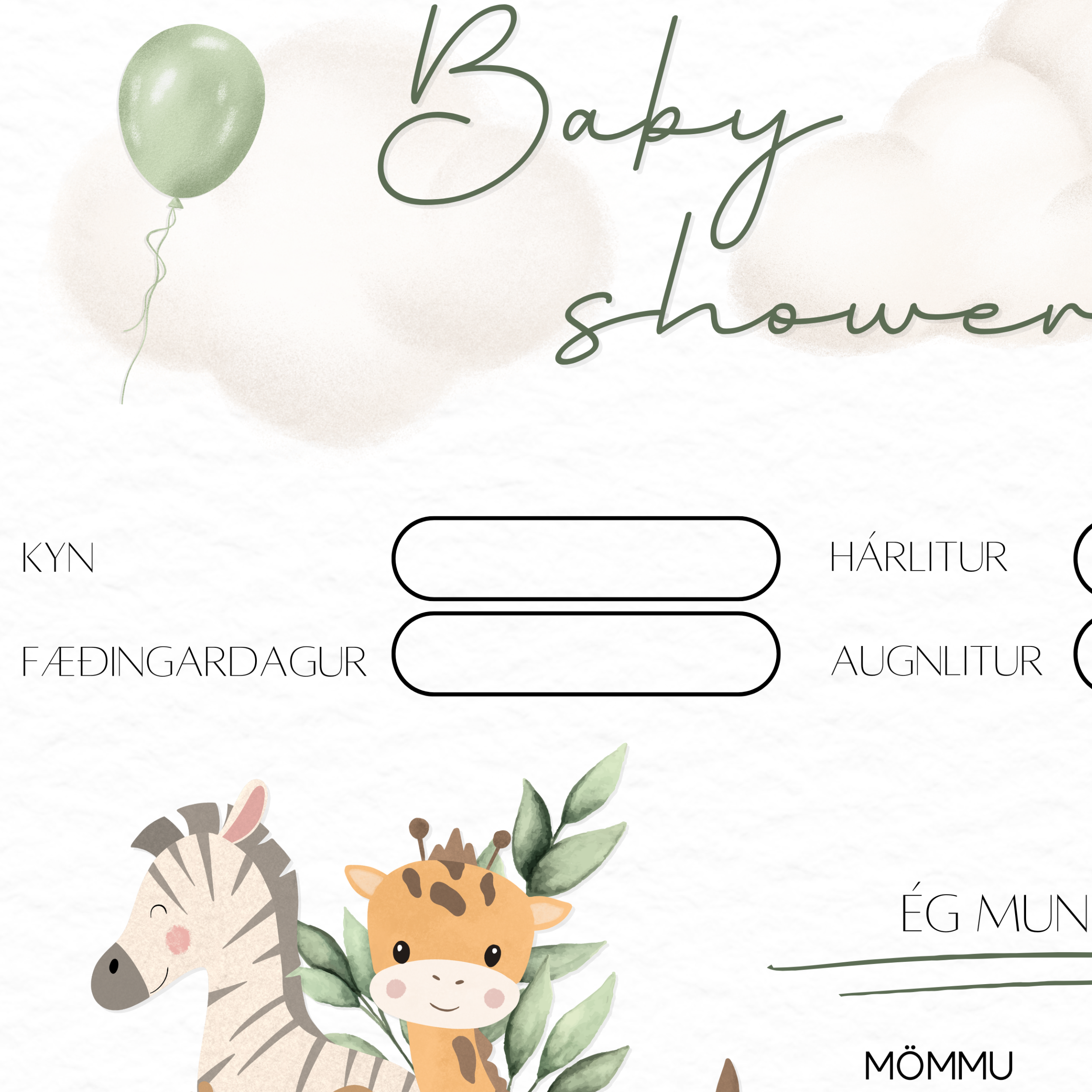 Safari Baby Shower Spjald