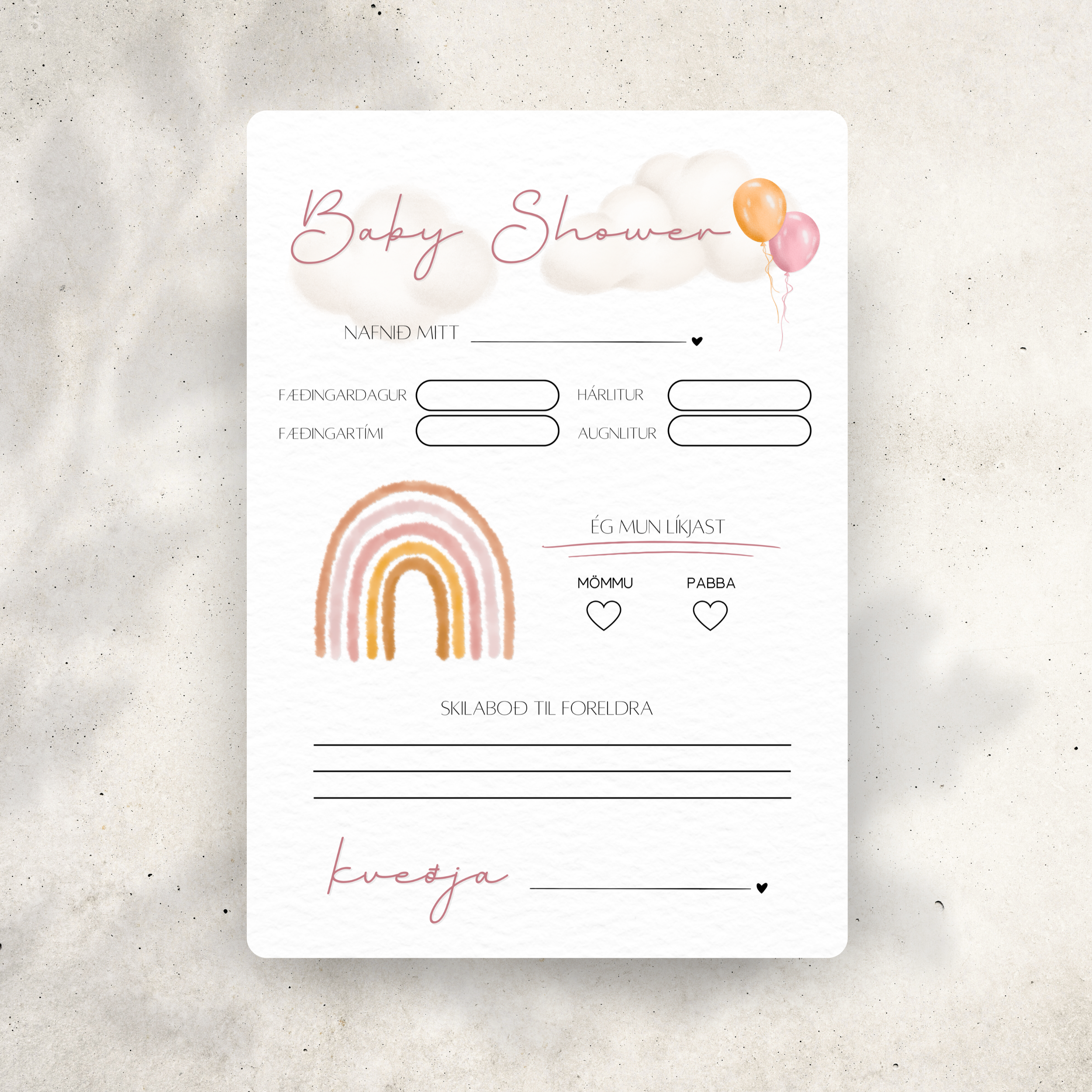 Regnboga Baby Shower Card | Bleikt