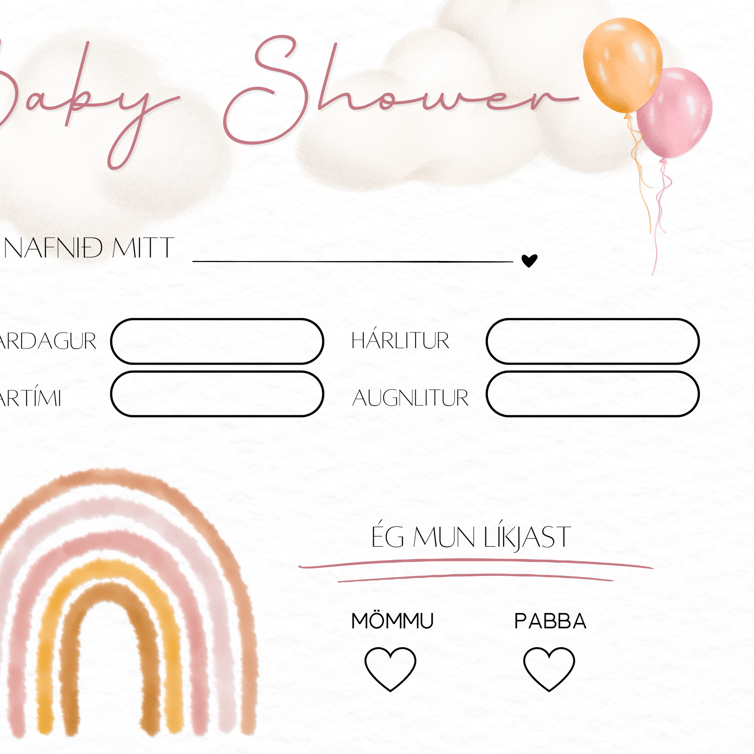 Regnboga Baby Shower Card | Bleikt