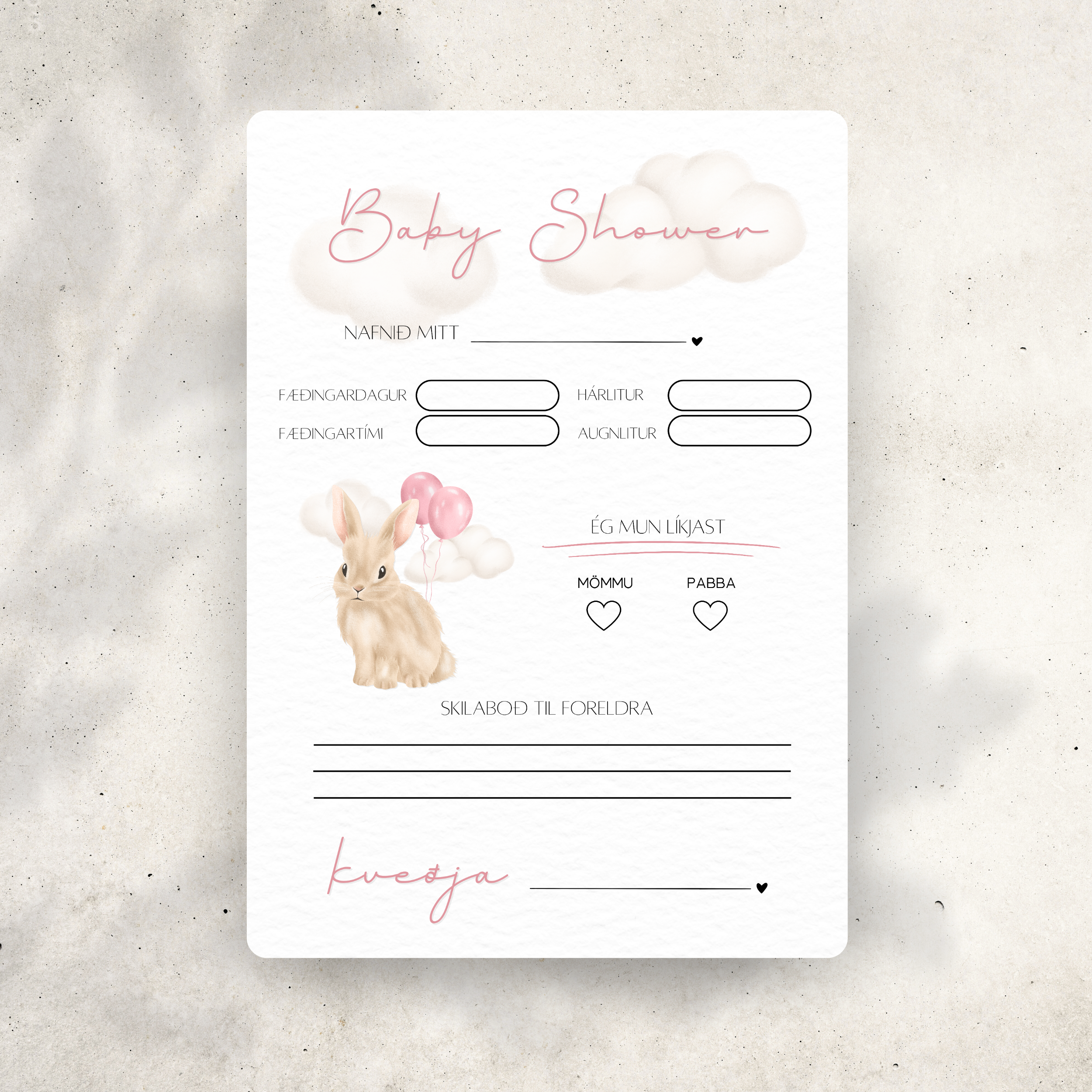 Kanínu Baby Shower Spjald