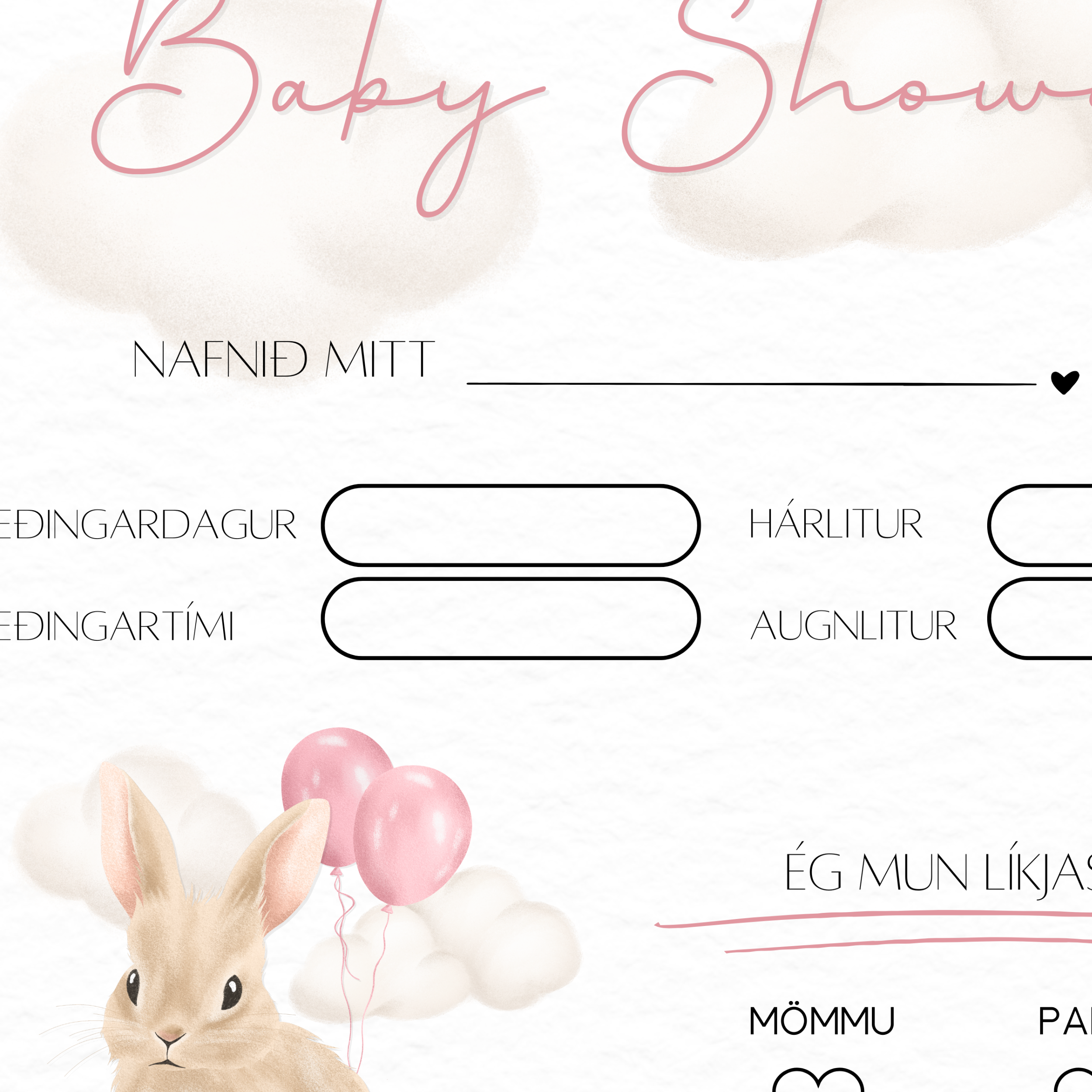 Kanínu Baby Shower Spjald