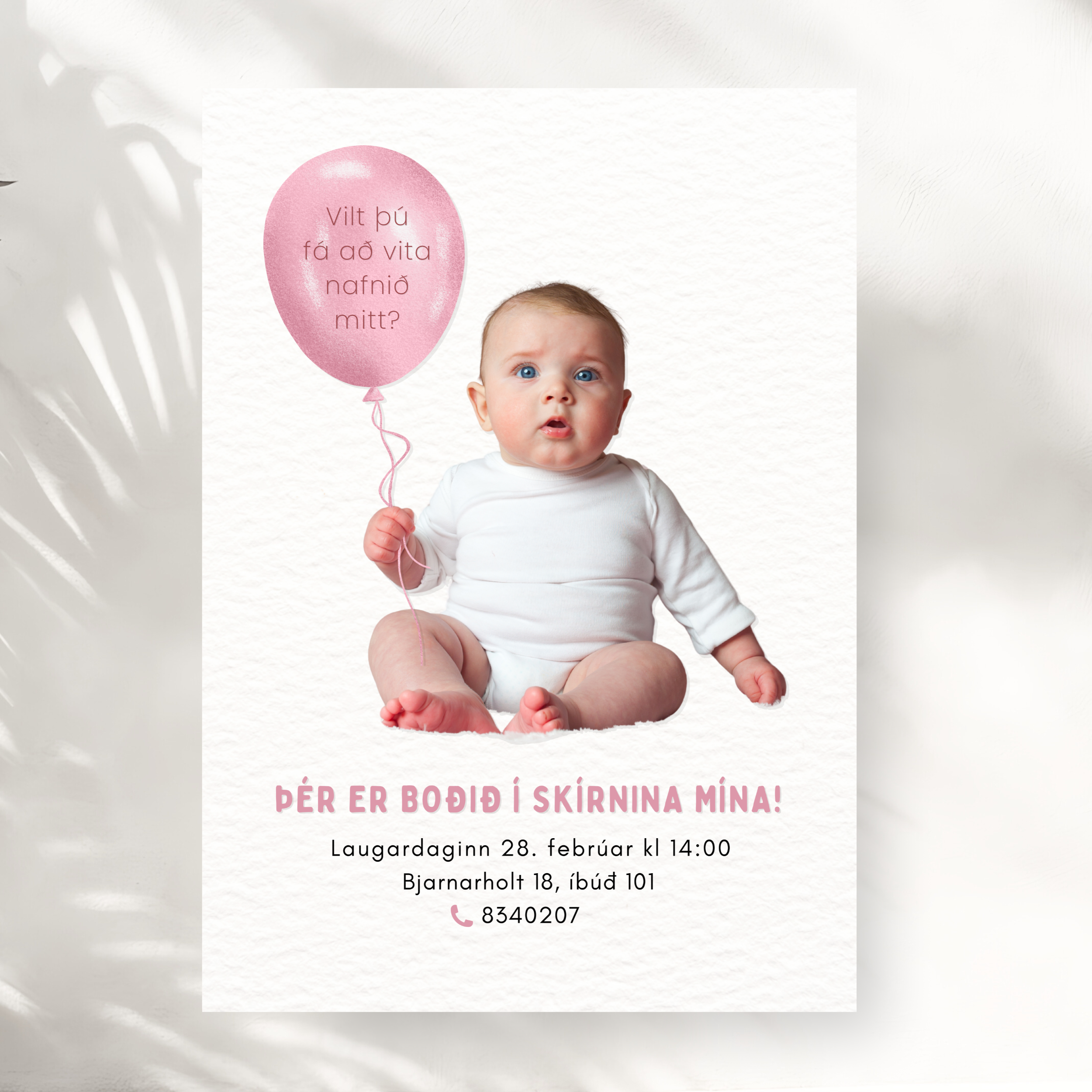 Skírnar Boðskort | Bleik Blaðra