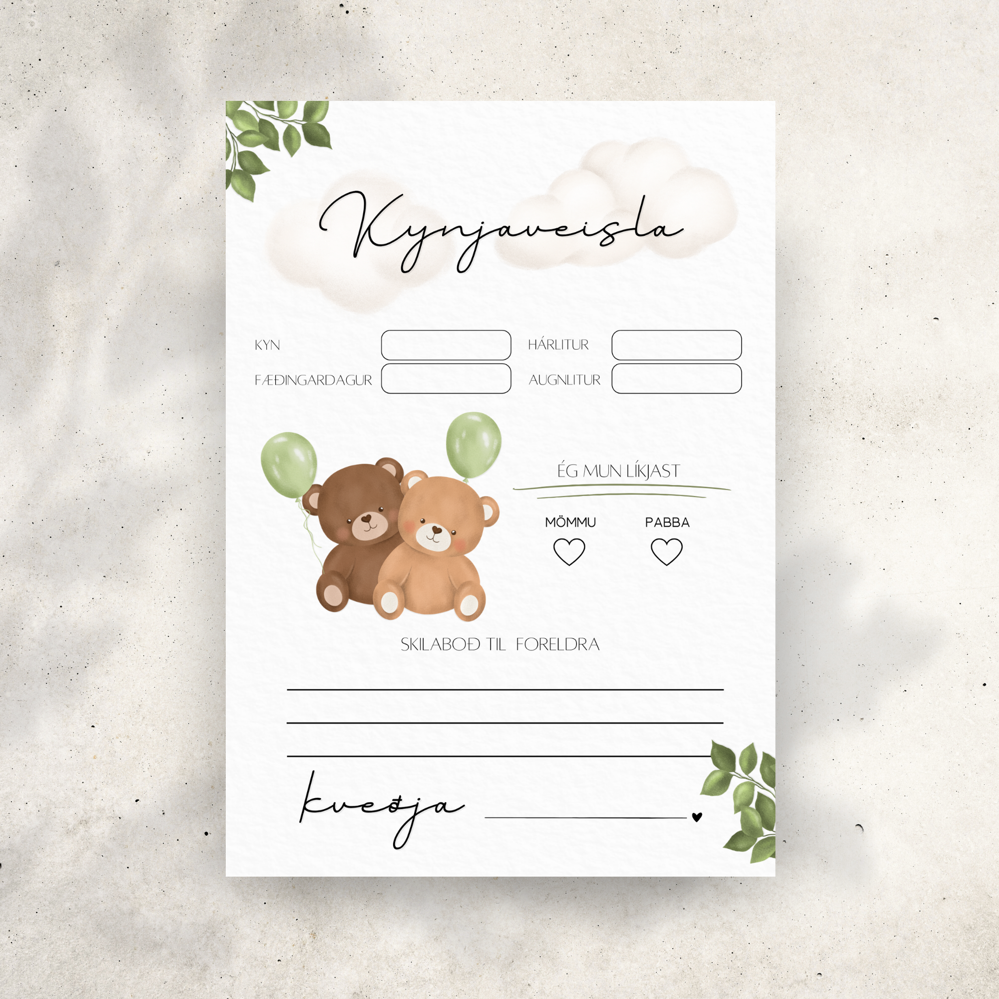 Bear Baby Shower Predictions Card | Green