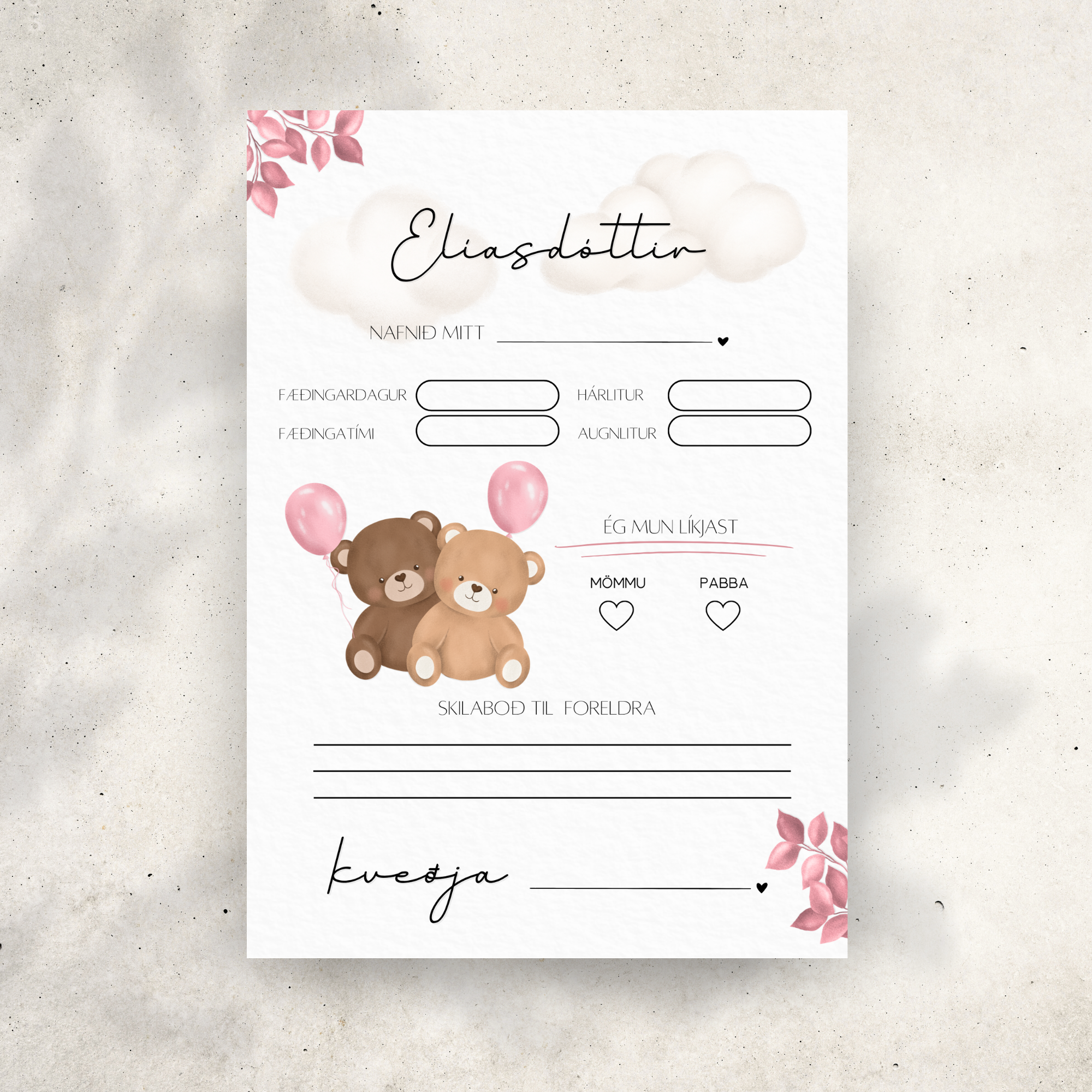 Bear Baby Shower Predictions Card | Pink
