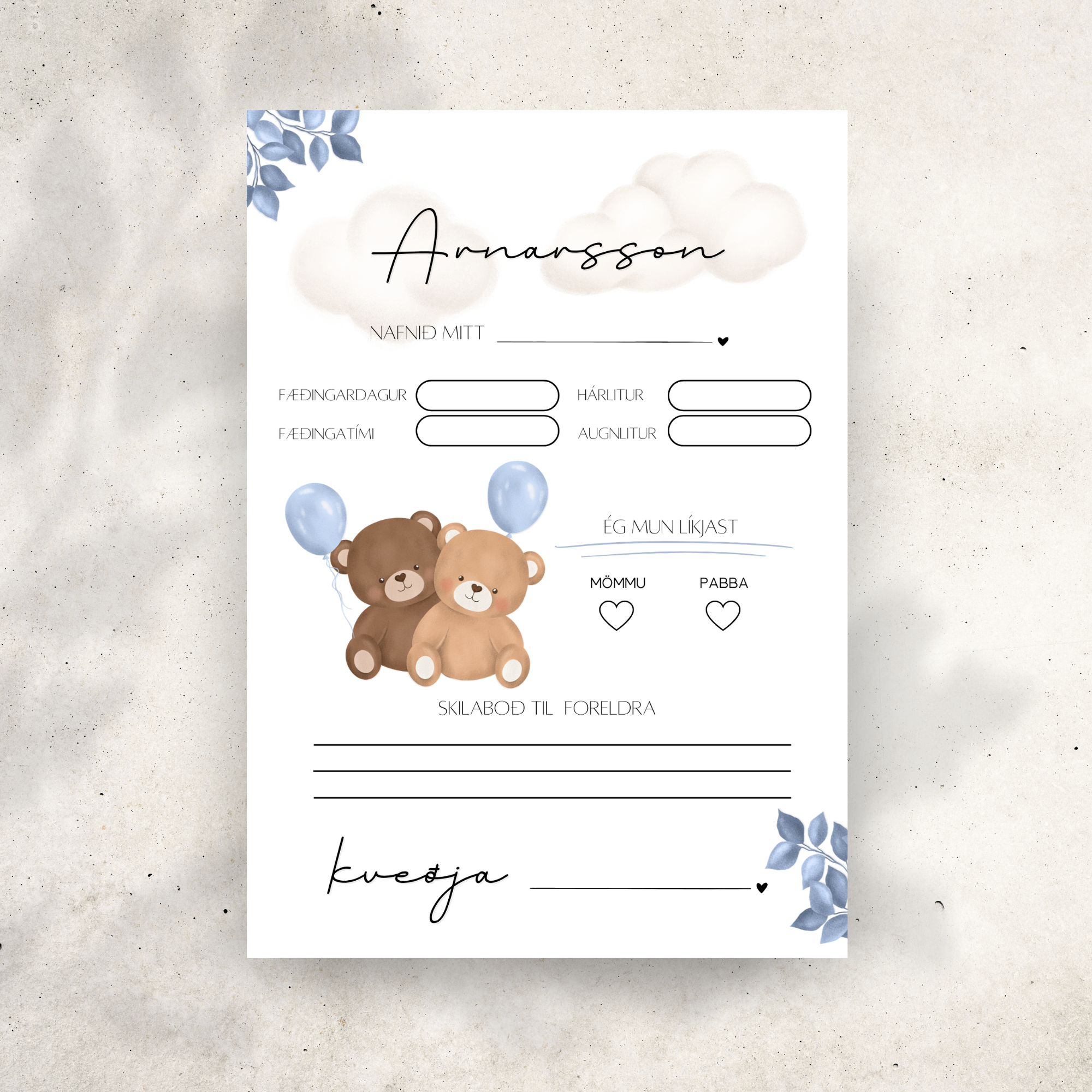 Bear Baby Shower Predictions Card | Blue