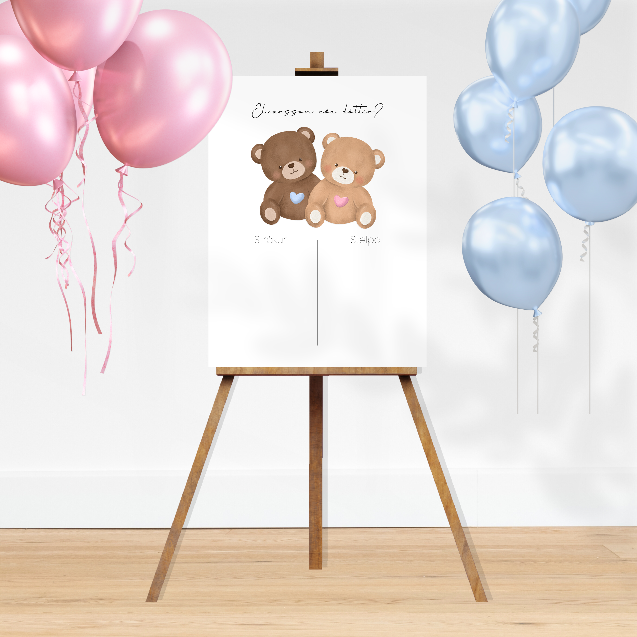 Giskaðu Kynið Spjald | Bangsar Blá og Bleik Hjörtu