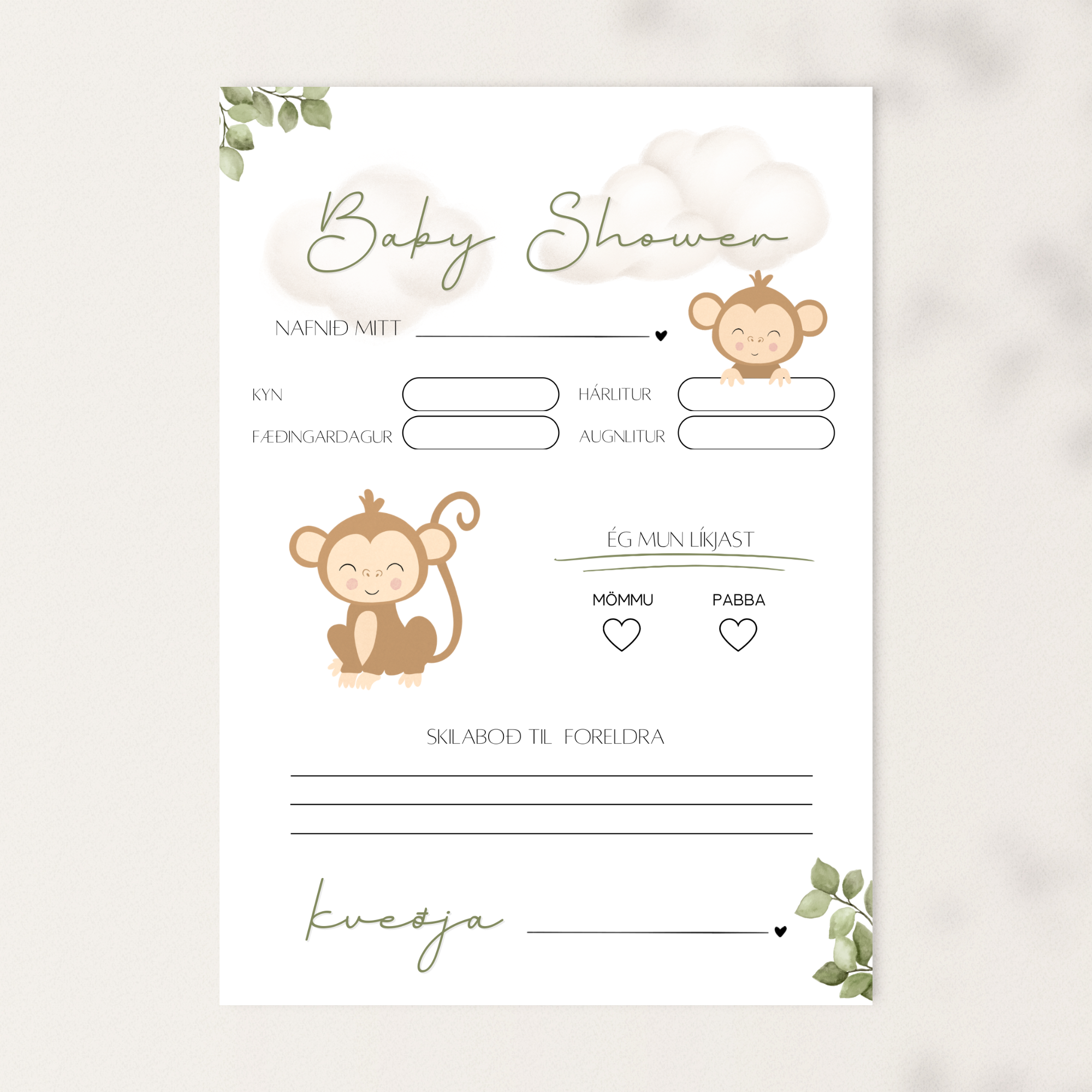 Baby Shower Predictions Card | Monkey