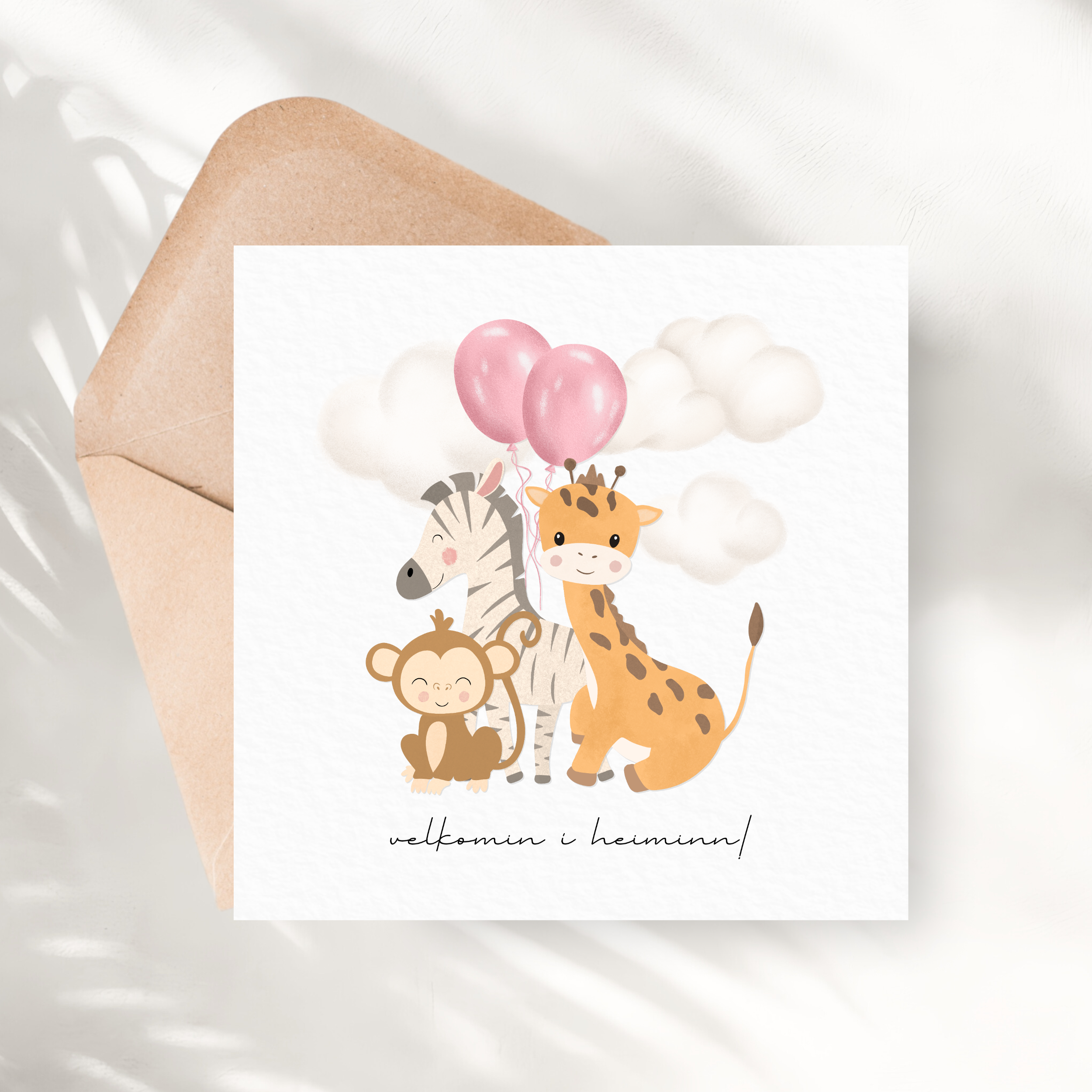 Tarjeta de bienvenida al bebé de Safari | Globos rosas