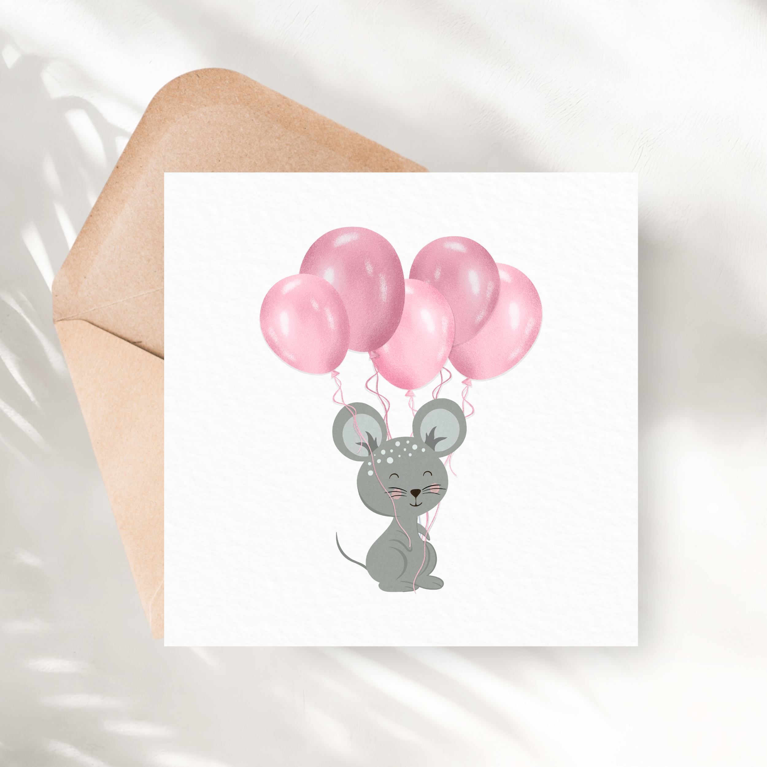 Tarjeta de felicitación de ratón | Globos rosas