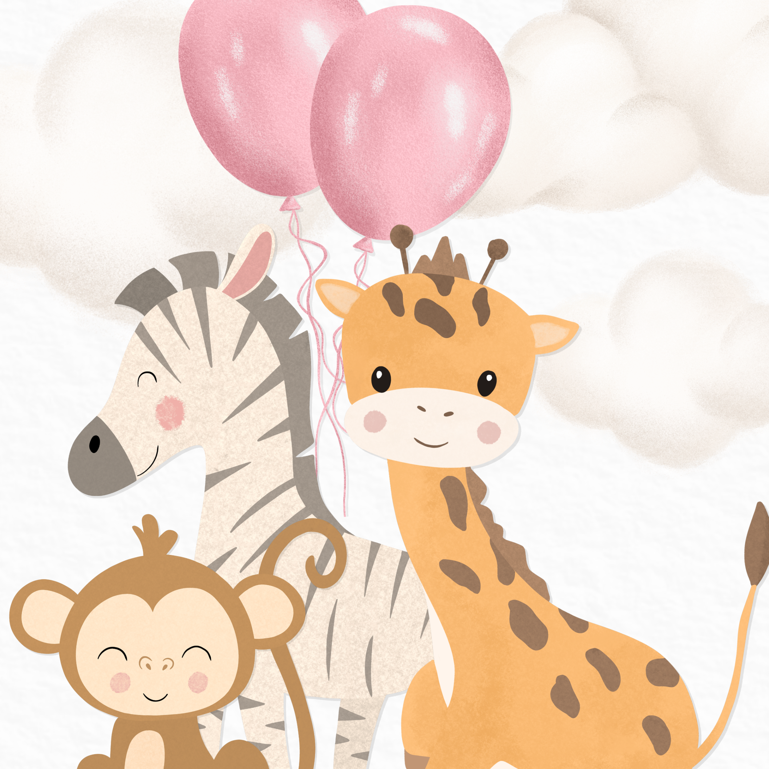 Tarjeta de bienvenida al bebé de Safari | Globos rosas