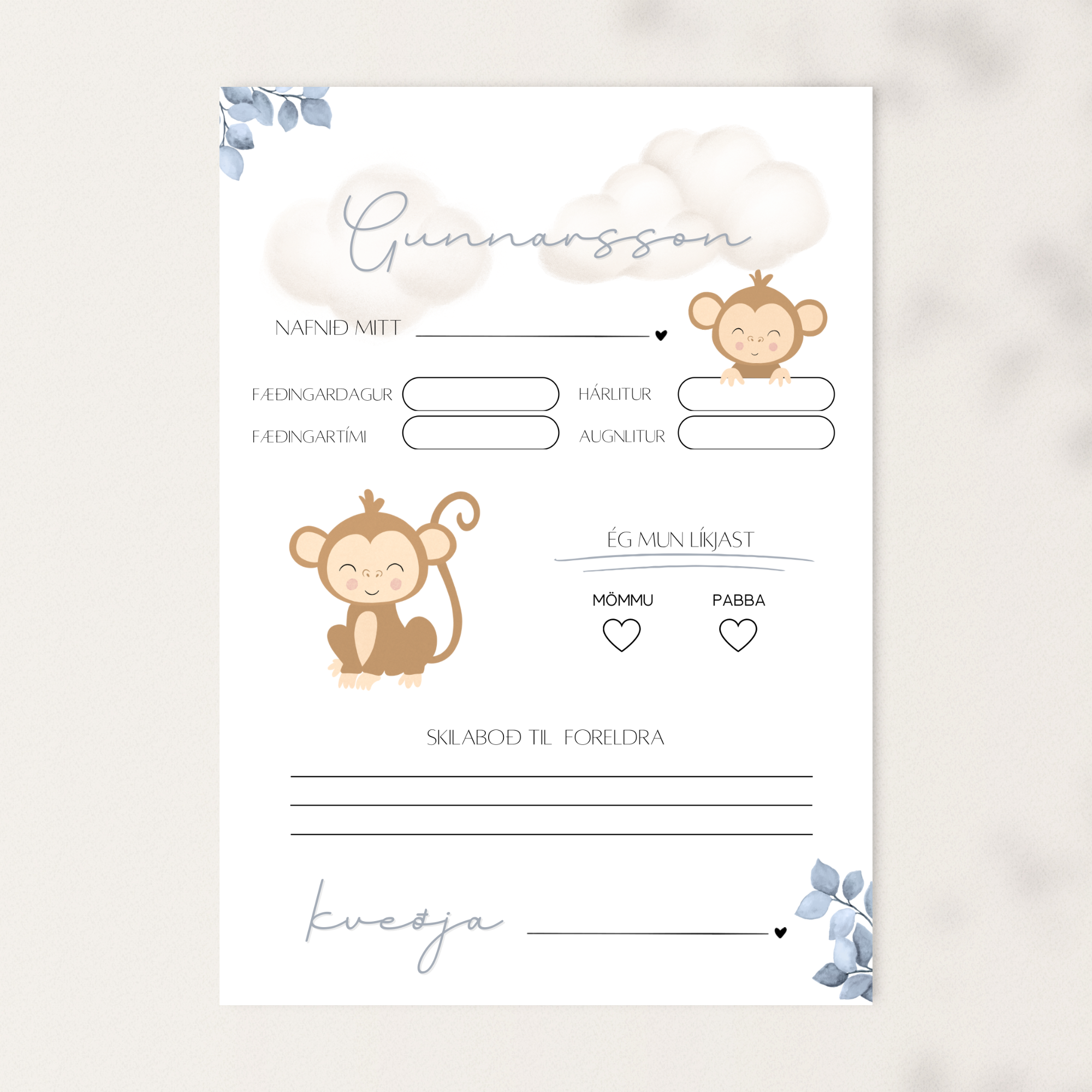 Baby Shower Predictions Card | Monkey