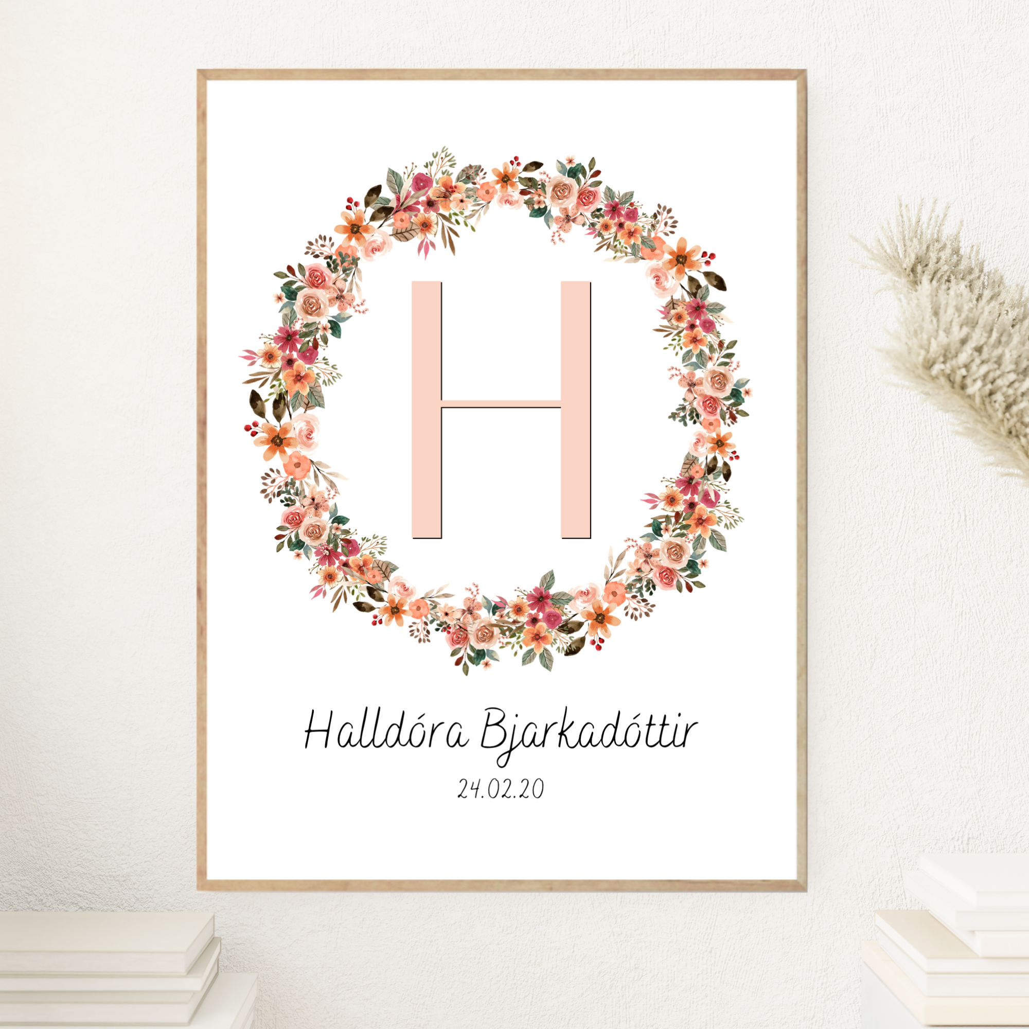 Flower Wreath Letter & Birth Details | orange