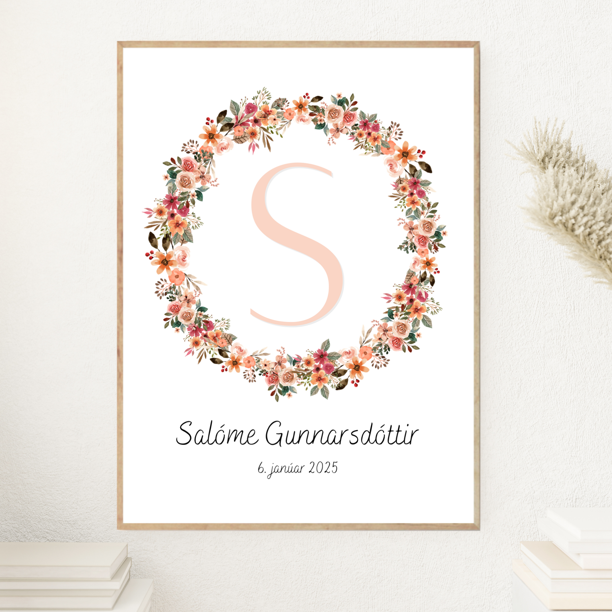 Flower Wreath Letter & Birth Details | orange