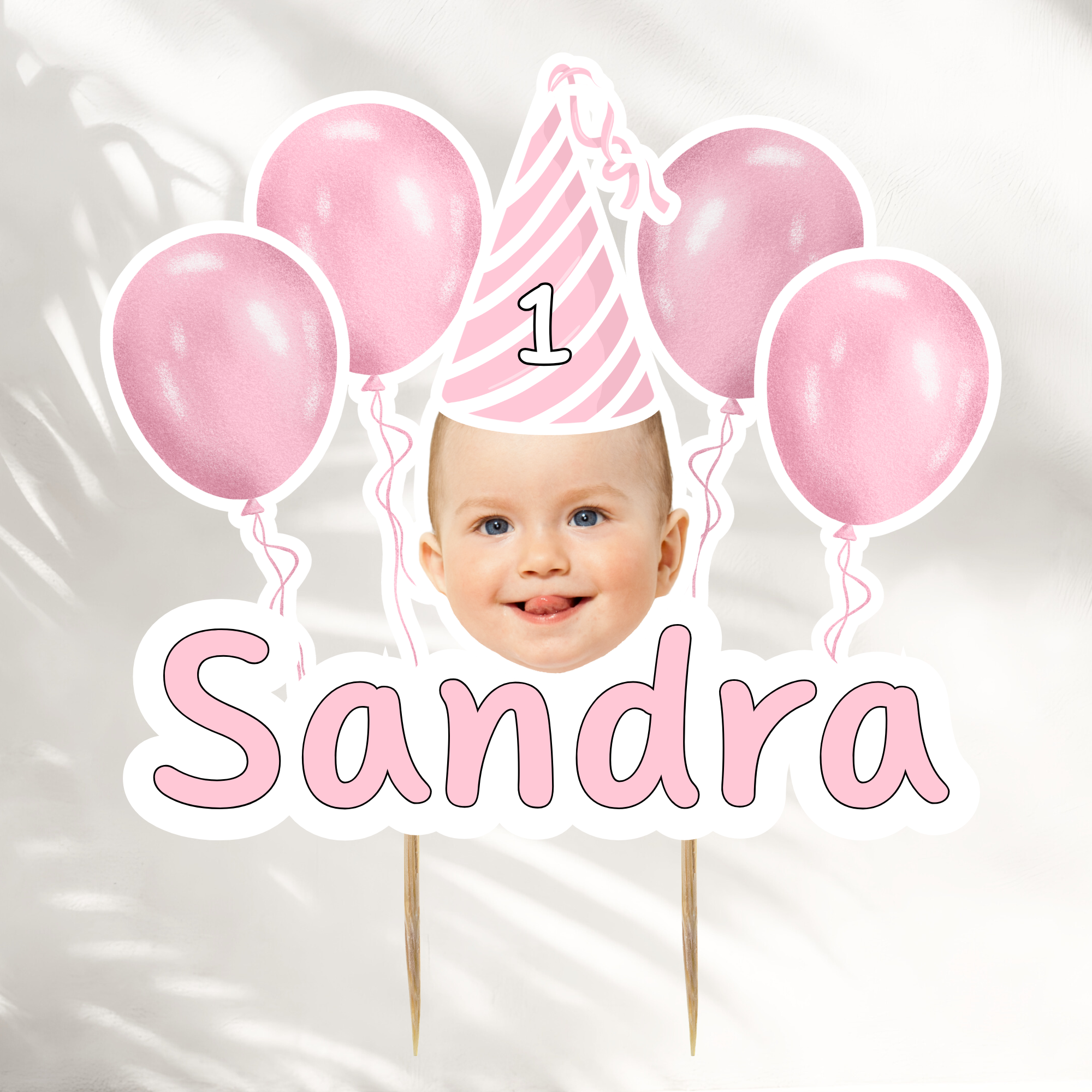 Face Cake Topper With Name | Pink Birthday Hat