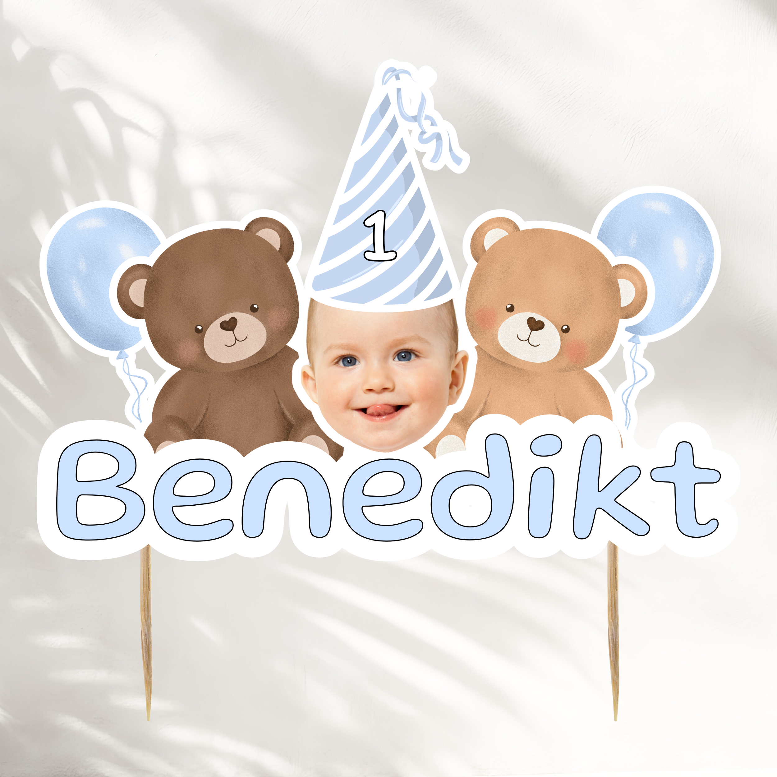Face Cake Topper With Name | Blue Balloons And Bears