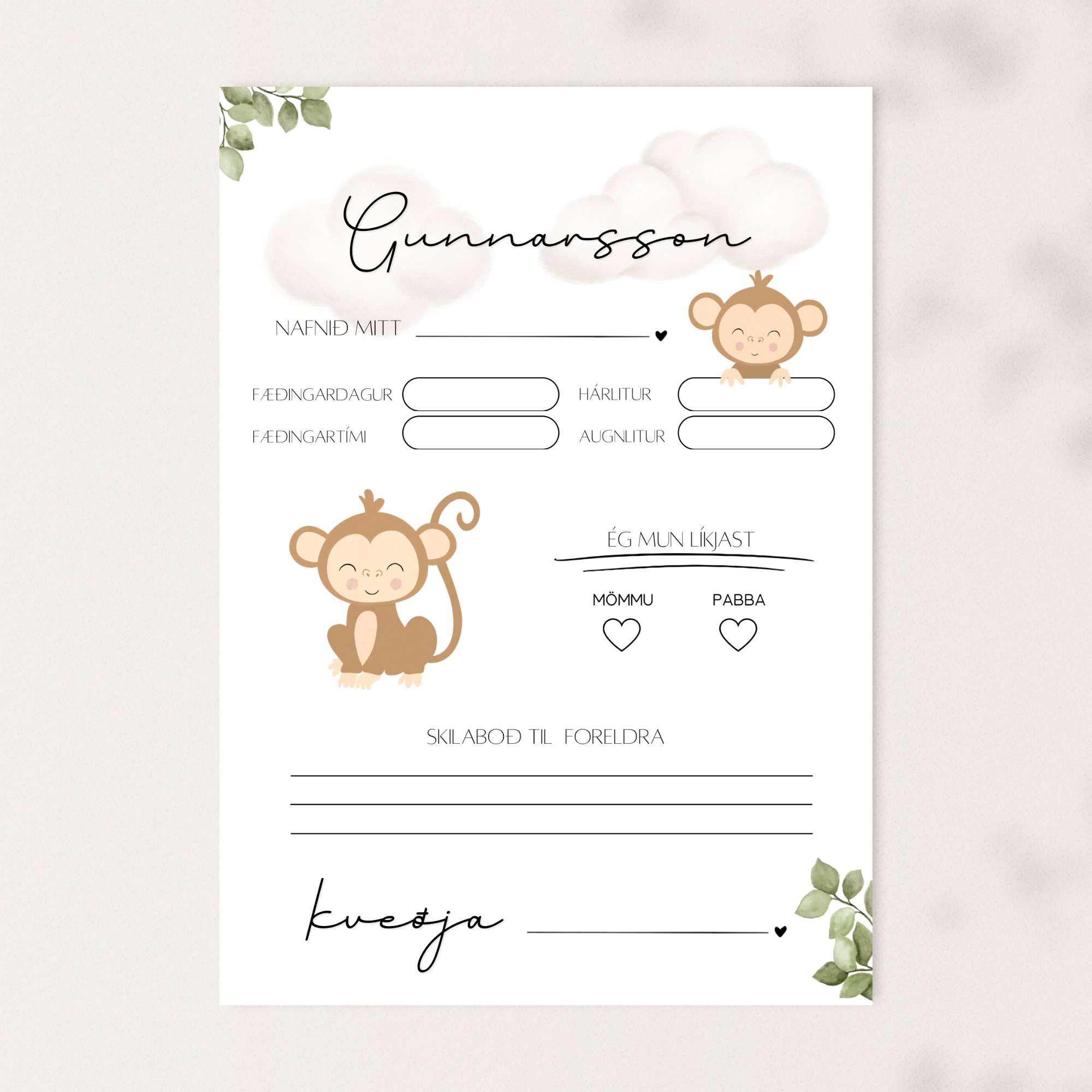 Baby Shower Predictions Card | Monkey