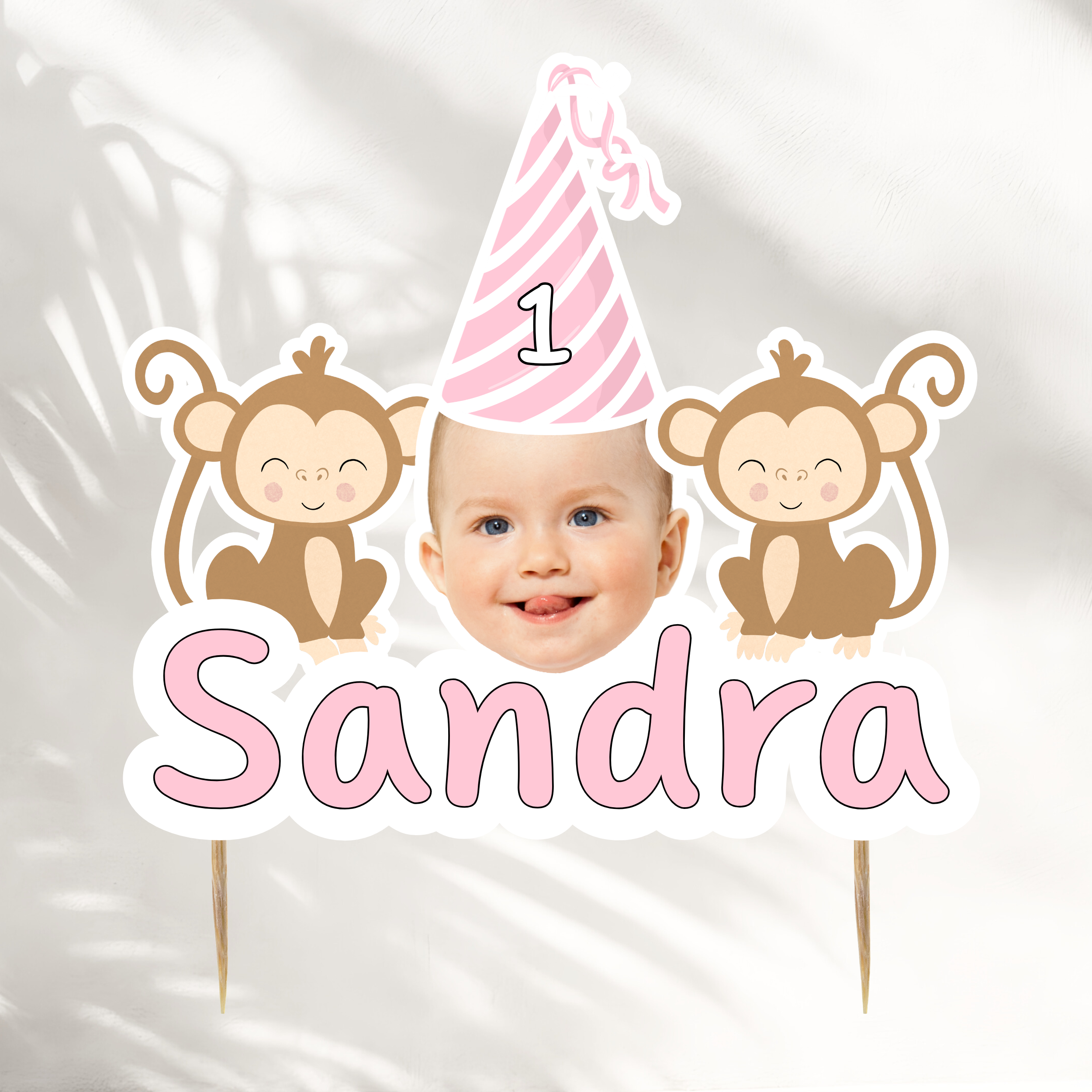 Face Cake Topper With Name | Pink Birthday Hat Monkey